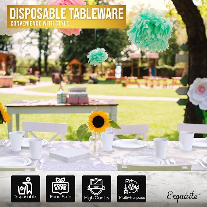 Party Solids 350 Pieces White Plastic Plates For Party, White Disposable Plates Set, 50 Of Each 9" Dinner Plate Set, 7" Dessert Plate, Cups, Napkins & Cutlery Plastic Dinnerware Set