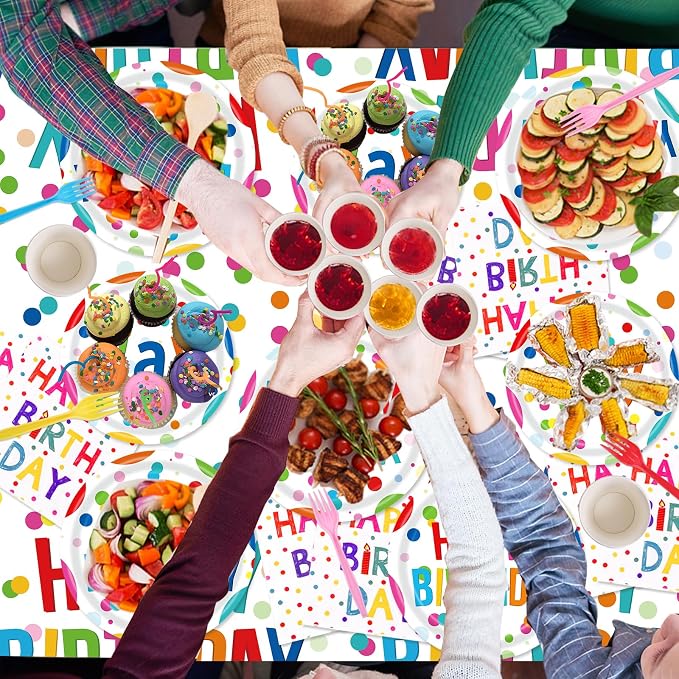 Happy Birthday Decorations - 156pc Birthday Party Supplies Set with Birthday Plates and Napkins, Happy Birthday Banner,Cups, Tablecloth(Serves 24)