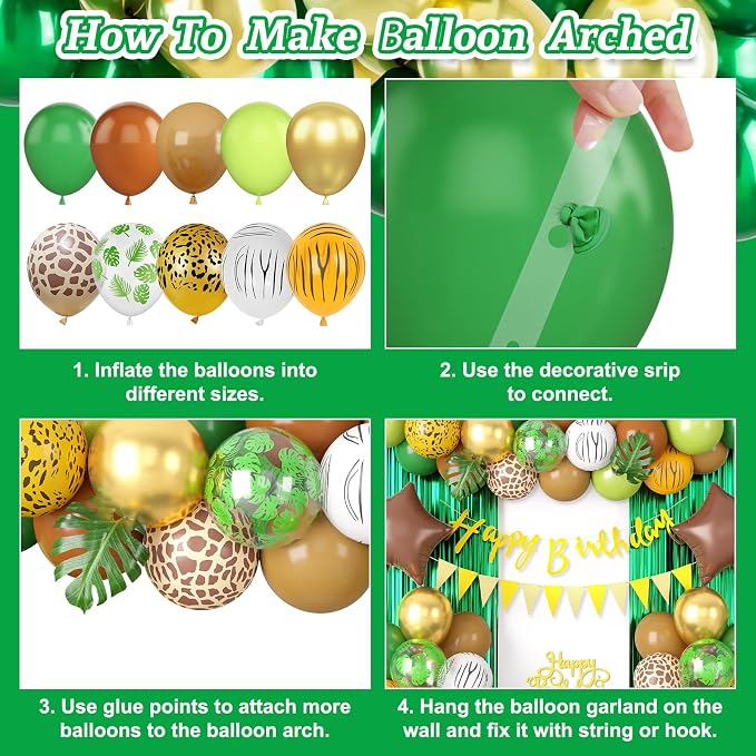 Jungle Safari Birthday Decorations for Boys, Green Brown Animal Print Latex Balloons with Happy Birthday Banner Cake Topper Fringe Curtain Palm Leaves for Kids Woodland Themed Party Decor