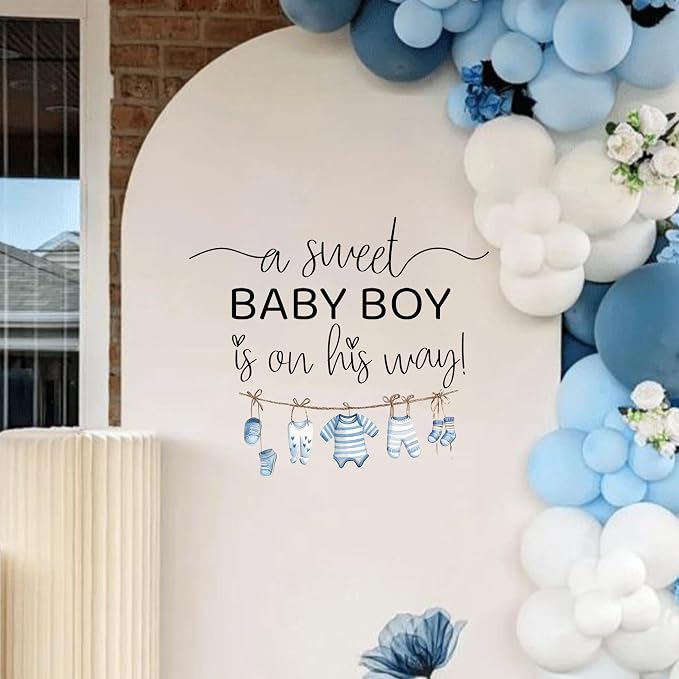 A Sweet Baby Boy is On His Way Decal - Baby Boy Gender Reveal Wall Decal, Nursery Shower Party Decoration, Blue Clothesline Design (Blue)
