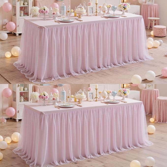 leegleri 2 pk 8ft Light Pink Tulle Tablecloth for Rectangle Tables, 2-in-1 Table Covers with Tulle Skirt,Wrinkle Free Stretchy Ruffle Tulle Table Cloths Fitted for Wedding Party Banquet Vendor