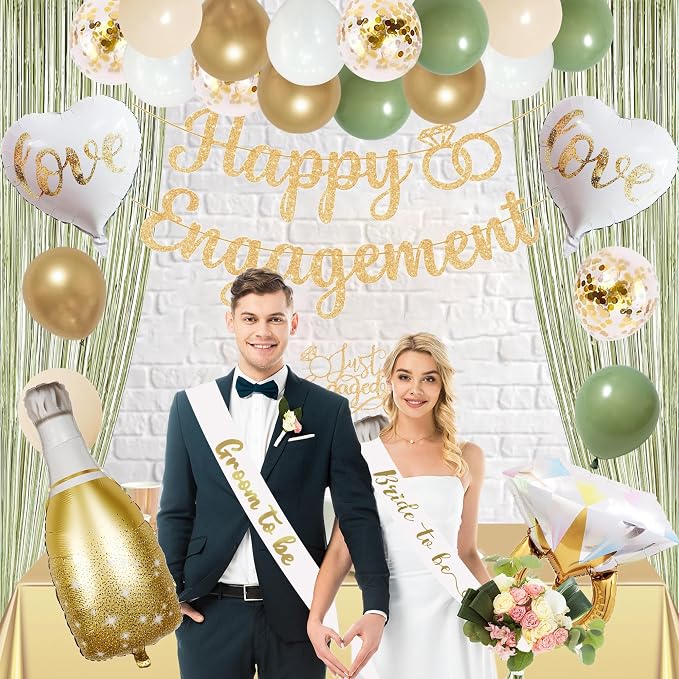 Trgowaul Green Gold Engagement Party Decorations, Happy Engagement Banner Backdrop, Bride&Groom Sash for Bridal Shower, Ring Foil Balloon, Just Engaged Cake Topper Wedding Shower Decor