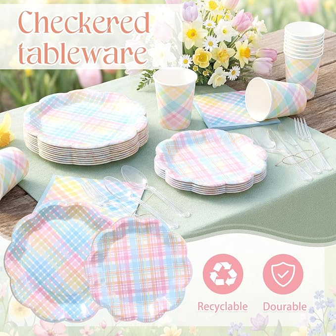 FillTouch 50 Sets Pastel Gingham Disposable Tableware Pastel Paper Plates Cups Napkins Clear Knives Forks Spoons for Birthday Baby Shower Wedding Party Decoration