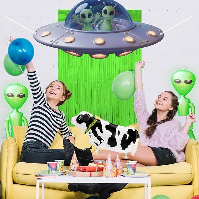 Alien Party Supplies Outer Space Theme Birthday Decor with Tinsel Foil Fringe Curtain Cow Balloon Spaceship Hanging Banner Backdrop for Birthday Baby Shower Wall Door Decor