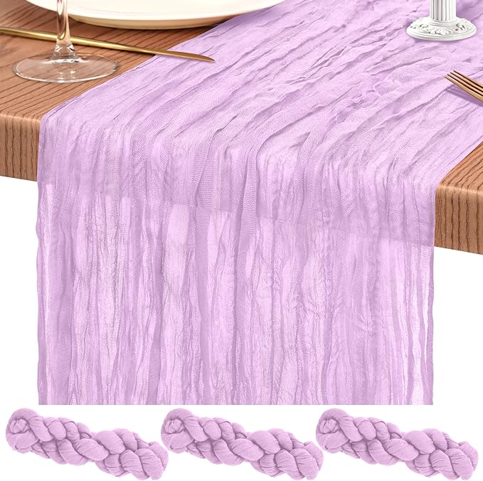 3 Pack Cheesecloth Table Runner 10FT Lilac Purple Table Runner Lavender Boho Gauze Cheese Cloth Table Runners Long Rustic Sheer Table Decorations for Wedding Party Baby Bridal Shower Birthday Holiday