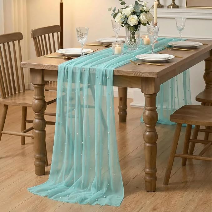 Artoid Mode 6PCS Pearl Turquoise Gauze Table Runner 120 Inch 10FT, Seasonal Sheer Dining Holiday Wedding Birthday Baby Shower Table Decor for Home Party