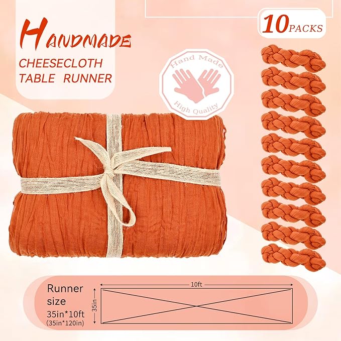 10 Packs Cheesecloth Table Runner - Orange, 10Ft x 35" Rustic Gauze Boho Wedding Table Runner Decoration for Wedding Party Bridal Shower