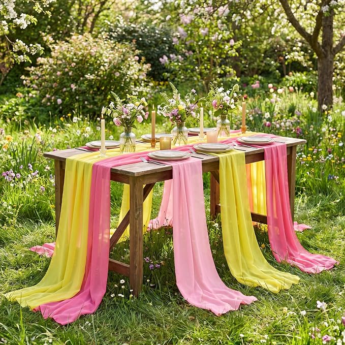 Boao 6 Pcs Pink and Yellow Party Decorations Table Runner Cloth 10ft Lemon Summer Freshly Graduation Decorations Rustic Fabric for Pink and Yellow Wedding Birthday Party Baby Bridal Shower Decor