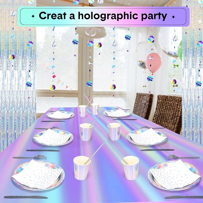 Sliner 256 Pcs Iridescent Party Decorations Supplies Holographic Party Decorations, Includes Paper Plates Cups Napkins Silver Cutlery Straws Plastic Tablecloth Foil Fringe Curtain Hanging Dot Streamer