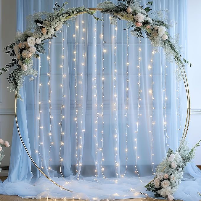 10x8ft Baby Blue Tulle Backdrop Curtain with Lights String for Parites, Sheer Photo Backdrop Curtains for Wedding Baby Shower Baby Boy Shower Birthday Party Photo Shoot Background Decorations