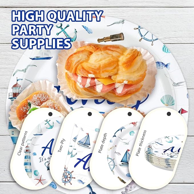 Nautical Party Plates and Napkins Ahoy Its A Boy Baby Shower Decorations Disposable Anchor Nautical Tableware Sets for Boys Baby Shower Ocean Gender Reveal Birthday Sailing Party Supplies Serves 24