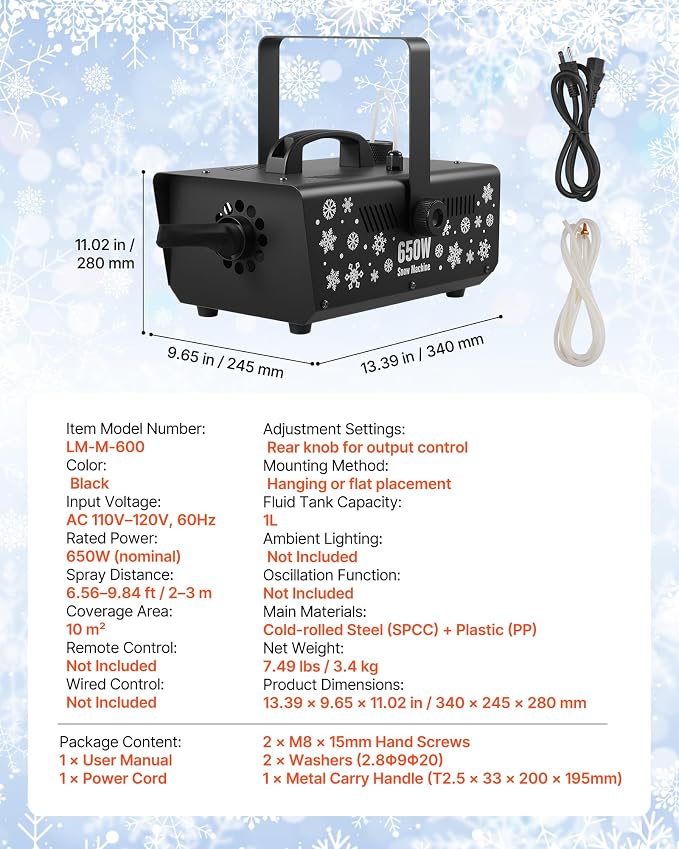 VEVOR Snow Machine, 650W Handheld/Hanging Fake Snow Maker, Snowmaking Machine with Portable Handle, Outdoor & Indoor Artificial Snowflake Maker for DJ Stage Parties Christmas Decor