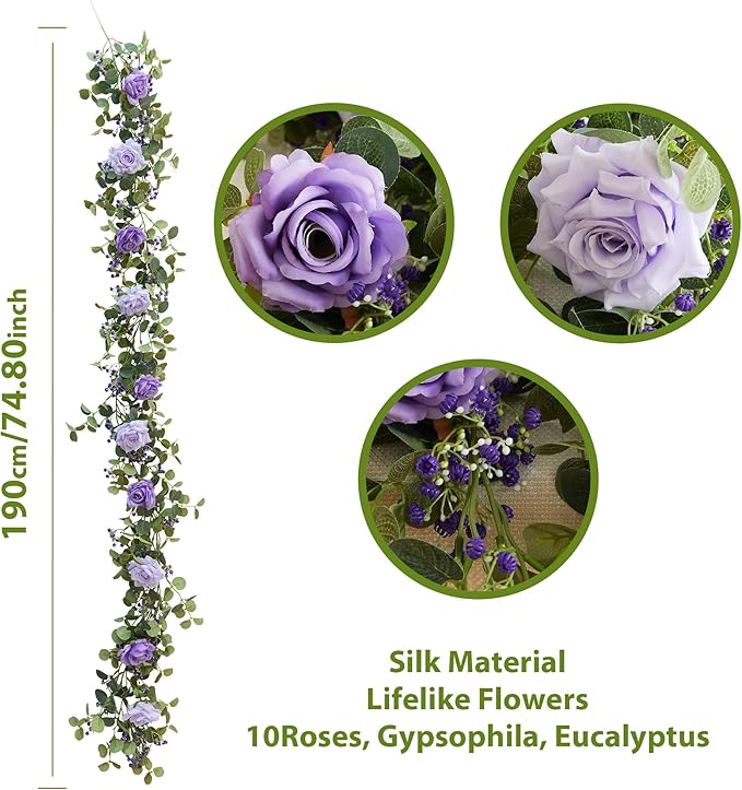 Anna's Whimsy 5.91FT Artificial Eucalyptus Garland with Flowers, Fake Rose Gypsophila Garland, Faux Floral Greenery for Wedding Spring Home Party Craft Art Table Runner Decor