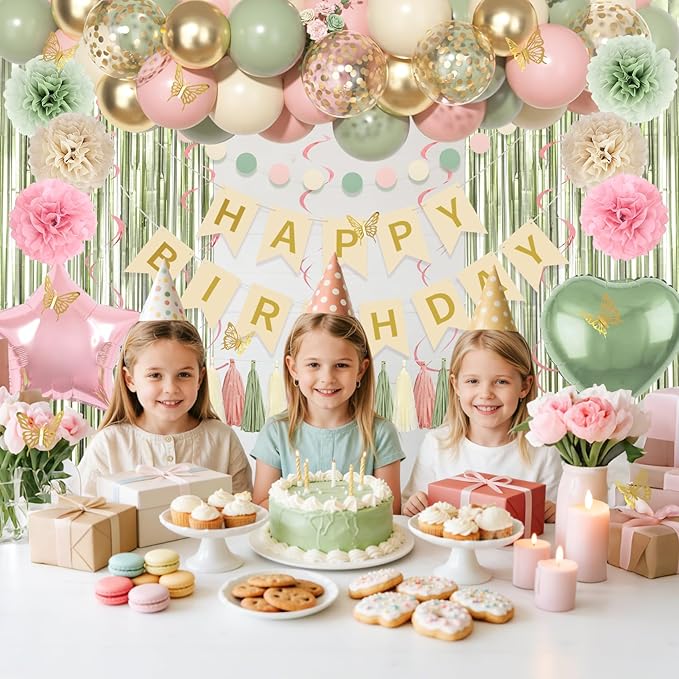 Pink and Green Birthday Decorations, Sage Green Pink Sand White Gold Balloons Happy Birthday Banner Fringe Curtains Butterfly Hanging Swirls Circle Dots Tassels Pompoms for Women Girls Party Supplie
