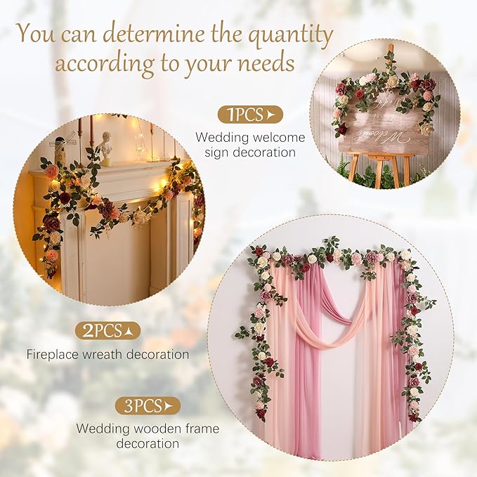 2Pcs Garisey 5FT Dusty Rose Artificial Flower Garland Blush Rose Floral Garland Arch Rose Vine for Wedding Ceremony Party Backdrop Decor Arch Flowers Mantel Table Centerpieces Decorations, Burgundy