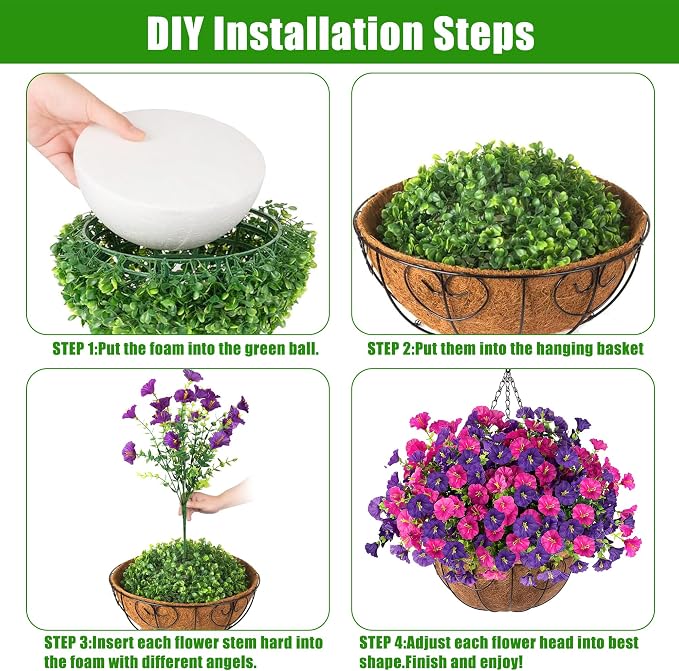 Artificial Flowers for Outdoors with Baskets Hanging Plant Faux Flowers UV Resistant Fake Silk Morning Glory with Eucalyptus for Planter Porch Garden Home Spring Summer Decoration(Fuchsia Purple)