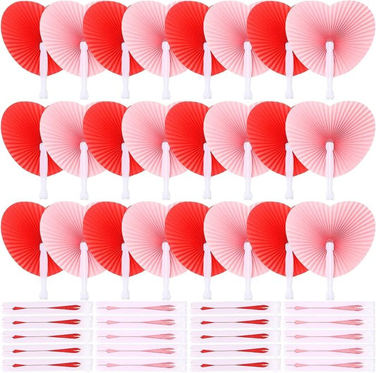 Blulu 60 Pack Wedding Decorative Paper Folding Hand Fan Handheld Heart Wedding Foldable Fan Chinese and Japanese Decoration Bulk for Bridal Guest Summer Dancing Birthday Party Favors(Red Pink)