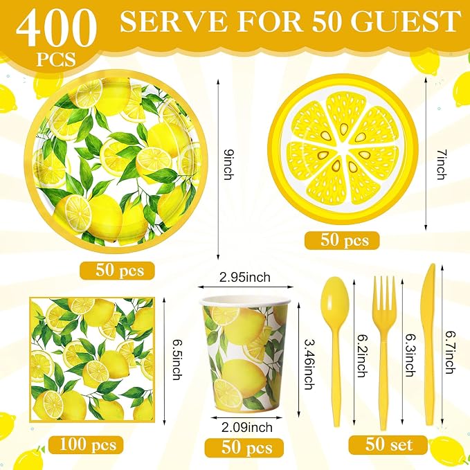 Pickmesh 400 Pcs Lemon Party Supplies Summer Fruit Disposable Plates Napkins Cups Spoons Forks Knives for Yellow Lemons Birthday Wedding Bridal Shower Baby Shower Table Decorations Serve 50