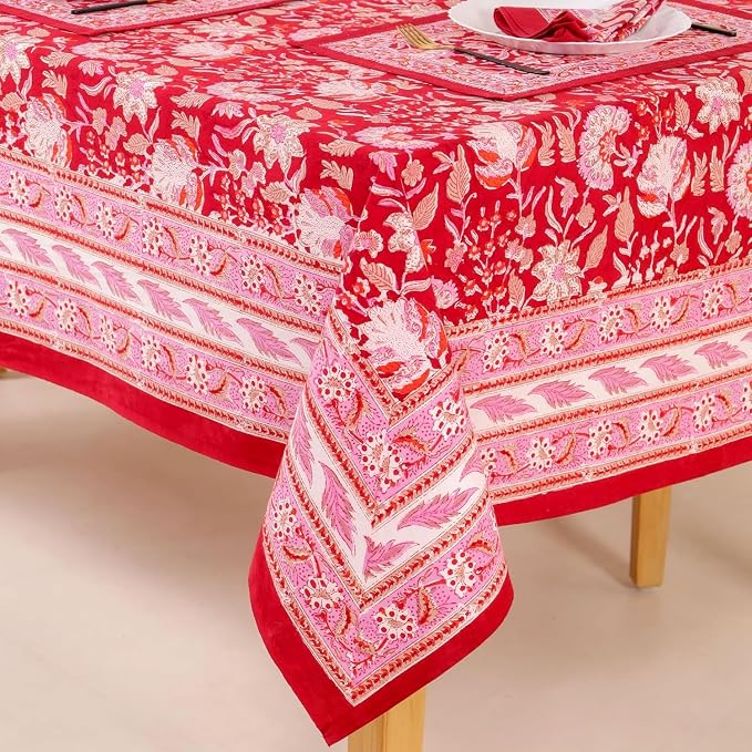 Hand Block Printed Tablecloth, Cherry Red, 72x160 Inches, Colorful Floral Print, Indian Artisan Handmade Art, Dining Room, Kitchen, Outdoor Décor