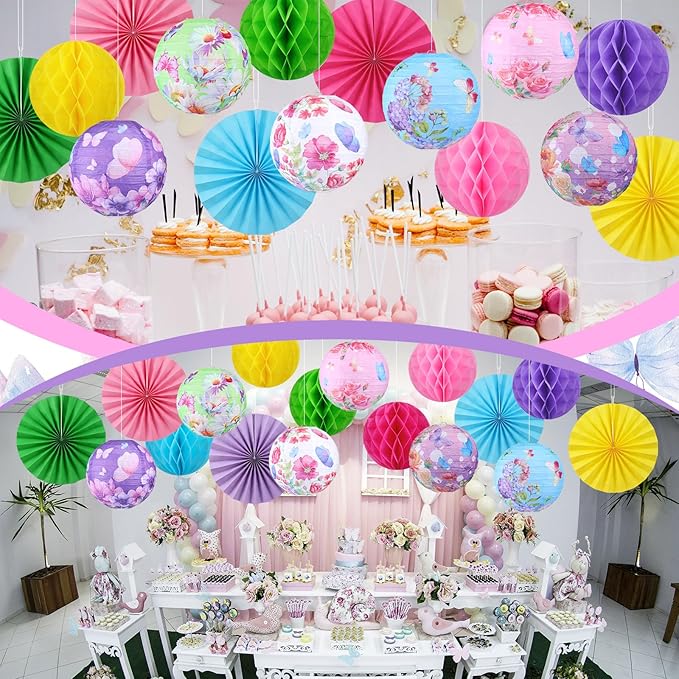 Retisee 18 Pcs Spring Tea Party Decoration Butterfly Floral Hanging Paper Lantern Pastel Honeycomb Fans Honeycomb Ball for Garden Spring Teacups Pink Purple Party Ceiling Decor Supplies
