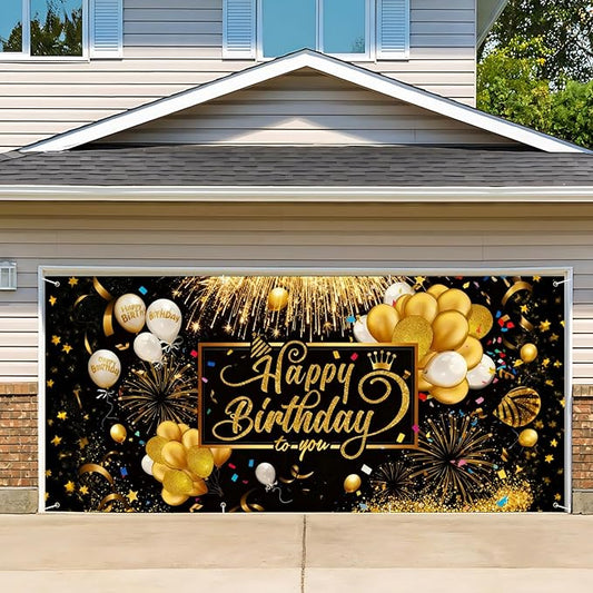 Happy Birthday Garage Door Banner 6x13ft Waterproof -Gold Black Glitter Balloon & Fireworks Backdrop for Adult Party, Luxury Decor,Photo Booth Background