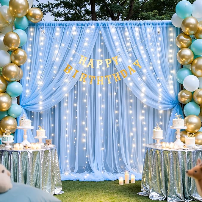 Baby Blue Sheer Tulle Backdrop Curtains with Lights String for Parties Baby Shower Decorations for Boy Bridal Shower Birthday Party Photo Shoot Background Wall Decorations 10×8ft(2 Panels 5×8ft)