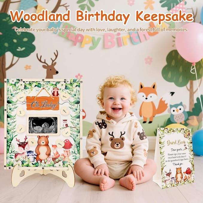 Woodland Baby Shower Decorations,Woodland Animals Baby Shower Guest Book Alternatives with Monkey Pen,Photo Frame and 60 Heart Wood Slices for 60 Guests,Gender Reveal Decorations
