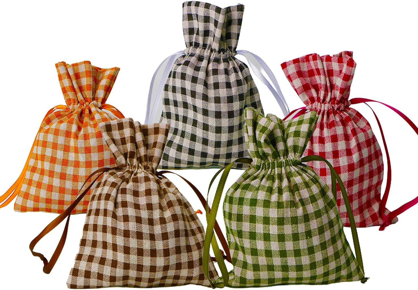 Meseey 5 Pcs Large Fall Burlap Bags with Drawstrings Buffalo Plaid Gift Bags Gingham Sacks Bags Reusable Pouch Bag for Thankgiving Birthday Party (fall plaid set 8Inch)