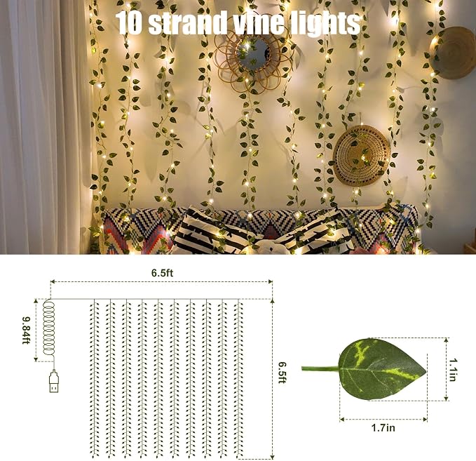 Bexdir 200 LED Vine Lights for Bedroom Decoration, 6.6x6.6ft Pre-assembled Hanging Fake Vines with Fairy Lights Plug in, Aesthetic Artificial Pothos Curtain Lights for Room Wall Decor, Remote Included