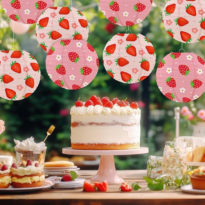 Honoson 12 Pcs Red Pink Strawberry Paper Lanterns Strawberry Party Decoration 10 Inch Berry Round Hanging Lanterns for Birthday Baby Showers Decoration