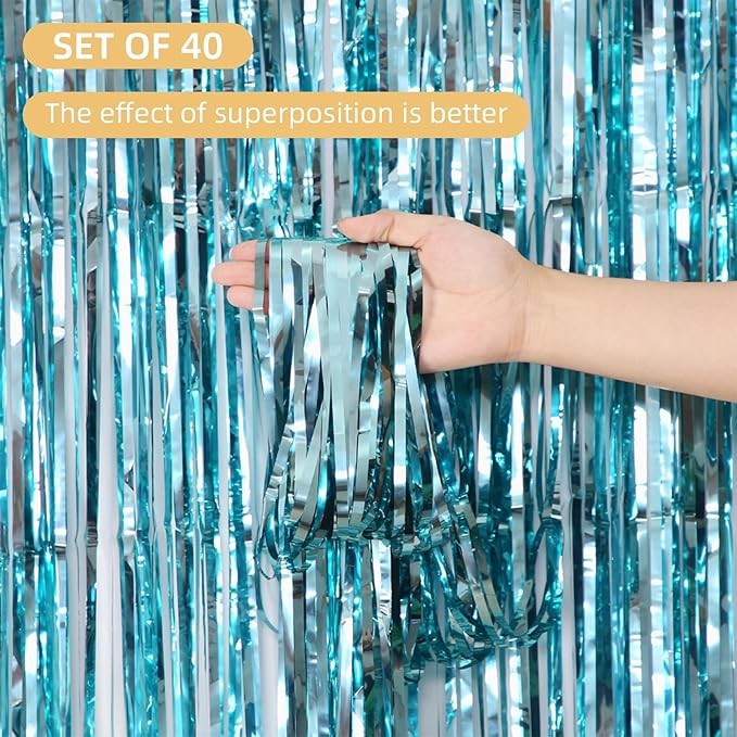 40 Pack Blue Foil Curtain Backdrop Metallic Tinsel Foil Fringe Curtains Photo Booth Props for Birthday Party Decoration Christmas Holiday Halloween New Year Party Supply, Blue