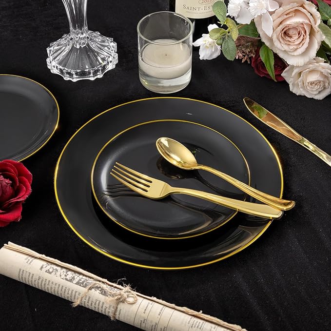 KIRE 350 PCS Plastic Dinnerware Set for 50 Guests - Black and Gold Plates 50 for Dinner 50 for Dessert & 50 Pre Rolled Napkins with Disposable Silverware 50 Cups for Graduation/Banquet/Wedding