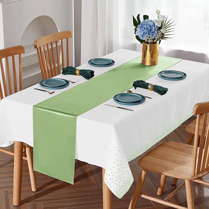 16Pack Plastic Tablecloths and Satin Table Runner Set Disposable White and Sage Green Dot Table Cloth Green Satin Table Runner for Wedding Birthday Baby Shower Anniversary Holiday Party Decorations