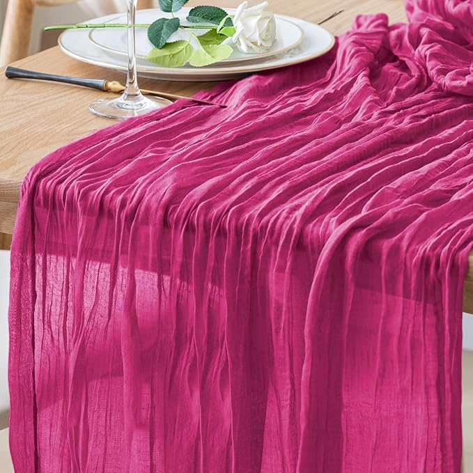 Table Runner Cheesecloth 10FT Fuchsia Boho Gauze Cheese Cloth Rustic Sheer Table Runners for Wedding Birthday Bridal Baby Shower Party Decoration