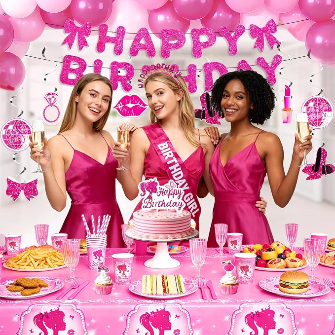 Pink Girls Birthday Party Decorations & Tableware Set | 257Pcs Serves 24 Guests, Includes Plates Cups Napkins Utensils Straws Tablecloth Cake Toppers Banner Hanging Swirls & Balloons (Pink Girls)