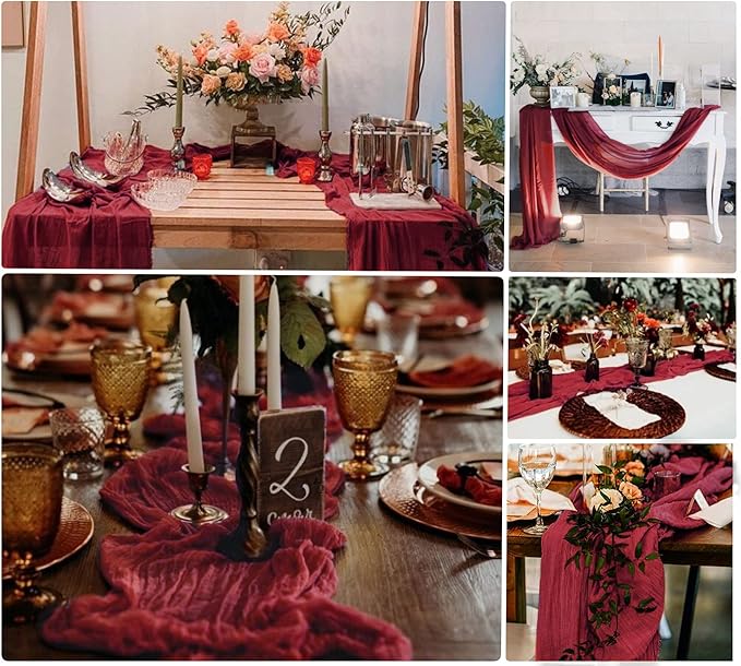 15 Pack Cheesecloth Table Runner 10Ft Gauze Cheese Cloth Table Runner 35x120Inch Rustic Boho Table Runners for Wedding Birthday Party Bridal Baby Shower Anniversary Engagement Holiday Decor(Burgundy)