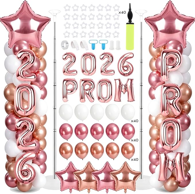 2 Sets Graduation Balloon Column Stand Kits with 132 PCS Rose Champagne Gold Latex Balloons 2026 Letters 6.5 Ft Adjustable Metal Tube Telescopic Tower Pillar with Base for Graduation Party Decoration