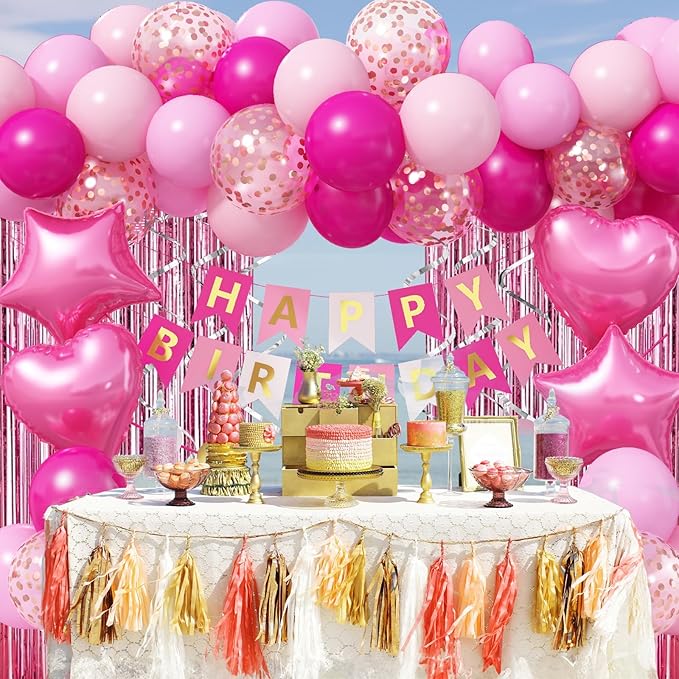 Jobkoo Pink Birthday Decorations for Girls, Hot Light Pink Balloon Garland Arch Kit Happy Birthday Banner Foil Curtain Heart Star Foil Party Balloons for Princess Party Decor