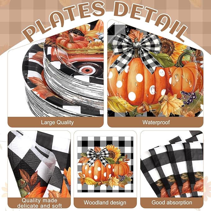 Funnymoom 452 Pcs Fall Thanksgiving Party Decorations, Black White Buffalo Plaid and Orange Pumpkin Maple Leaves Paper Plates Napkins Cups Tablecloth Cutlery Straws for Autumn Harvest Party Supplies