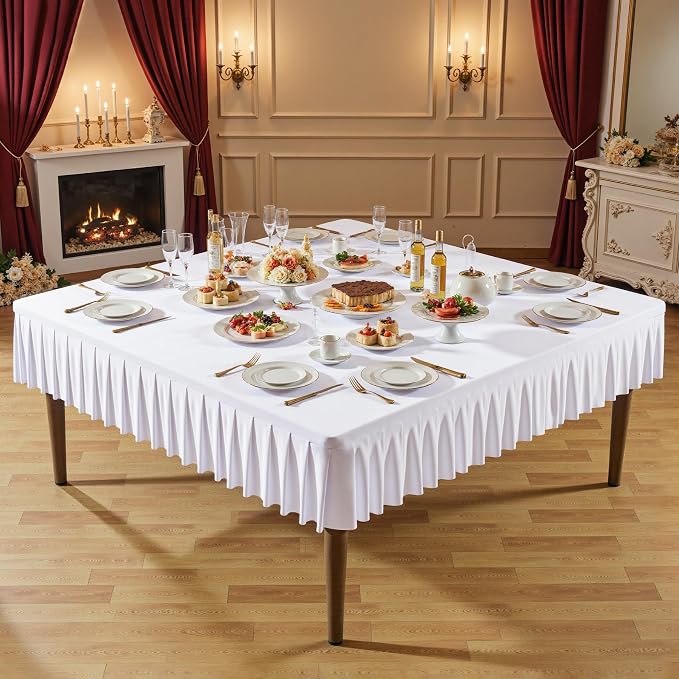 Shillance 60x60 Inch White Spandex Square Tablecloth,Wrinkle Free White Fitted Table Cloth for Square Tables,Washable Pleated Table Cover for Wedding Birthday Cocktail Party Buffet Dinner Camping