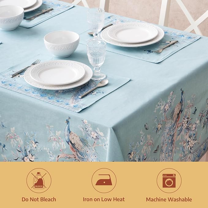 Maison d' Hermine Premium Table Cloth Rectangle Table 100% Combed Cotton 90 x 70 Inches Tablecloth Reusable Decorative for Dining Room Home Party Festive Wedding - Peacock Utopia - Pastel Turquoise