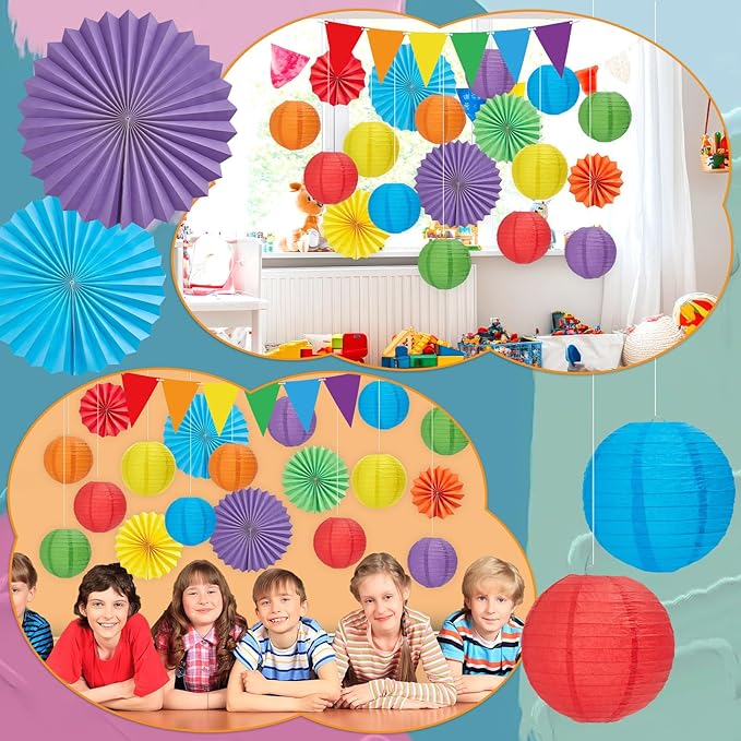 21Pcs Colorful Classroom Decor Rainbow Hanging Paper Lanterns Paper Fans Triangle Flags Banners Set Round Lantern for Back to School Ceiling Supplies Home Indoor Birthday Party Ceremonial Event
