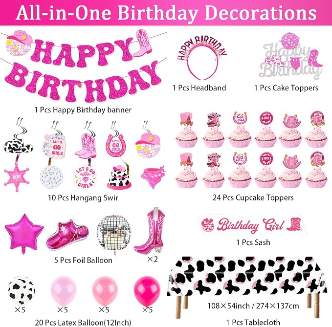 Cowgirl Birthday Party Decorations, Disco Cowgirl Party Supplies with Happy Birthday Banner, Hangang Swir, Latex Balloons, Cake & Cupcake Toppers, Tablecloth for Girls birthday Decor
