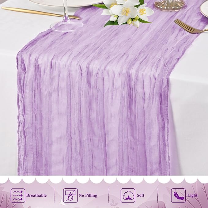 20 Pack Lilac Cheesecloth Table Runner 10FT Long Boho Gauze Fabric Table Runner Vintage Rustic Sheer Runners for Wedding Party Bridal Baby Shower Table Decorations