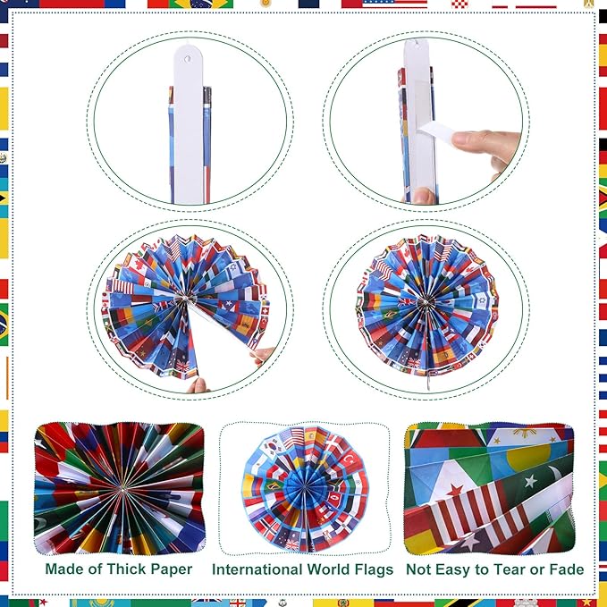 Pasimy 15 Pcs International World Flags Decorations Around The World Hanging Paper Fans Country Flags Banner Bunting Paper Pompoms Honeycomb Ball for Around The Nation Classroom Sport Supplies