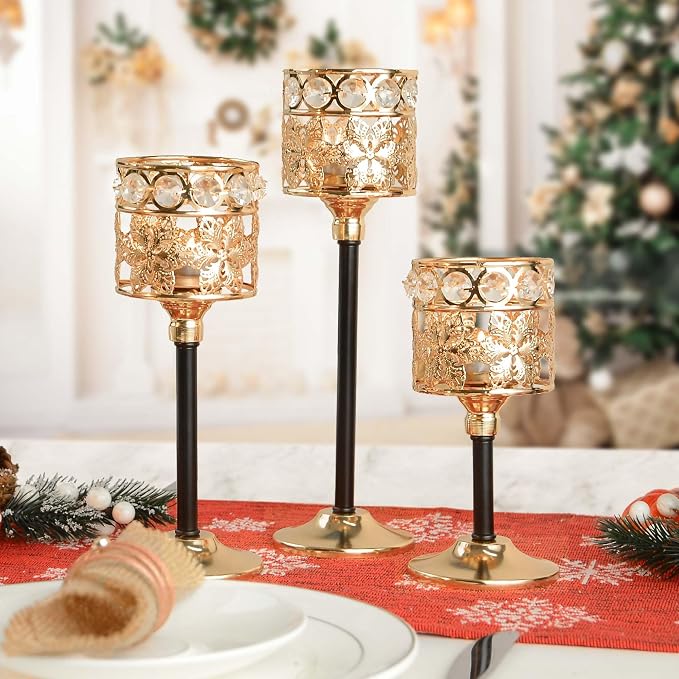Set of 12 Floral-Carved Crystal & Metal Tealight Candelabras Bulk- Elegant Gold & Black Wedding Centerpiece, Dining Table Decor, Votive Candle Holders