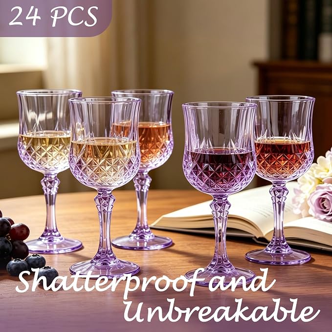 Plastic Wine Glasses, Plastic Goblets Vintage Style Cordial Unbreakable Drinking Glasses, Reusable Drinkware for Wedding Reception, Grand Event Party Supplies (24, Purple)