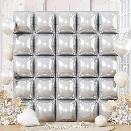 Silver Square Foil Balloons Wall, 25PCS Double Sided Metallic Chrome Silver Foil Square Balloon Backdrop Flat Tunnel Background for Birthdays Graduation Baby Shower New Year Eve Anniversary Engagement