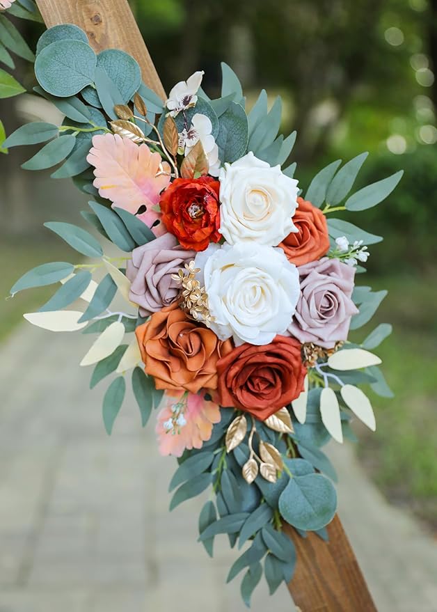 Burnt Orange Wedding Arch Flowers, Artificial Flowers for Wedding Welcome Signs and Autumn Weddings Reception Ceremony Decoration, Fall Flowers Decor (Set of 2)