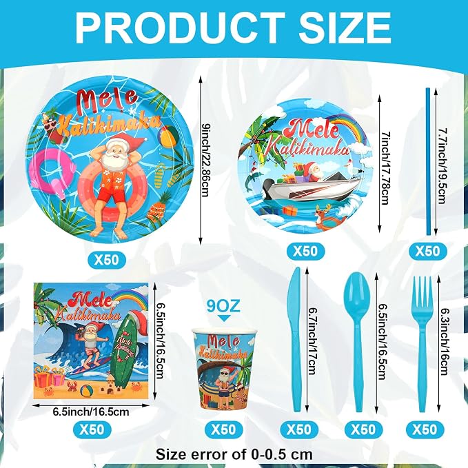 Weewooday 400 Pcs Christmas Tableware Disposable Set Mele Kalikimaka Decorations July Summer Christmas Paper Plates Cups Napkin Plastic Knife Spoon Fork Straw for Kalikimaka Hawaiian Party Supplies